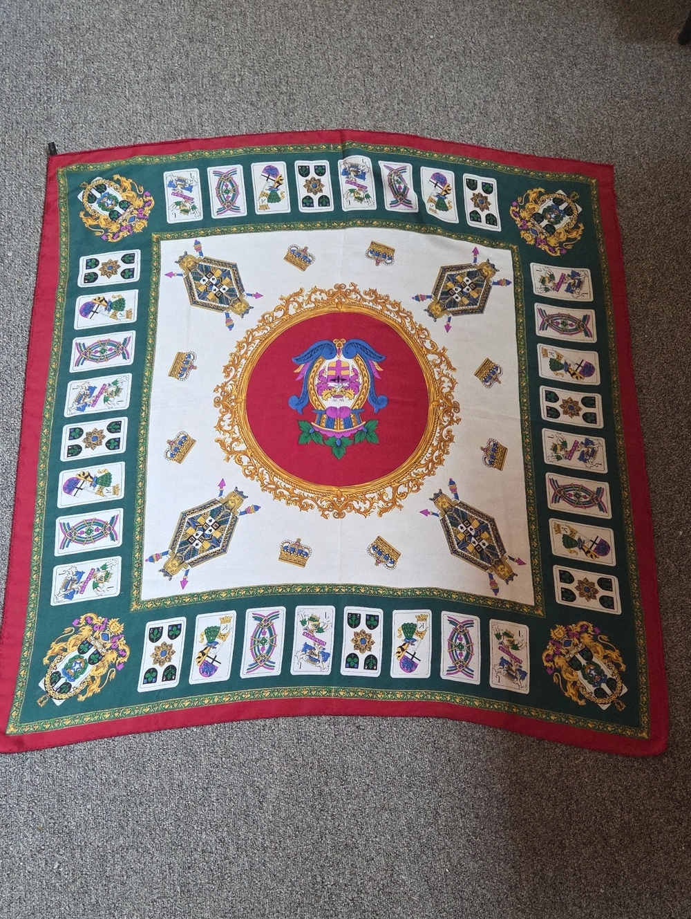 Decorative Crest Print Scarf in Red, Green, White & Gold